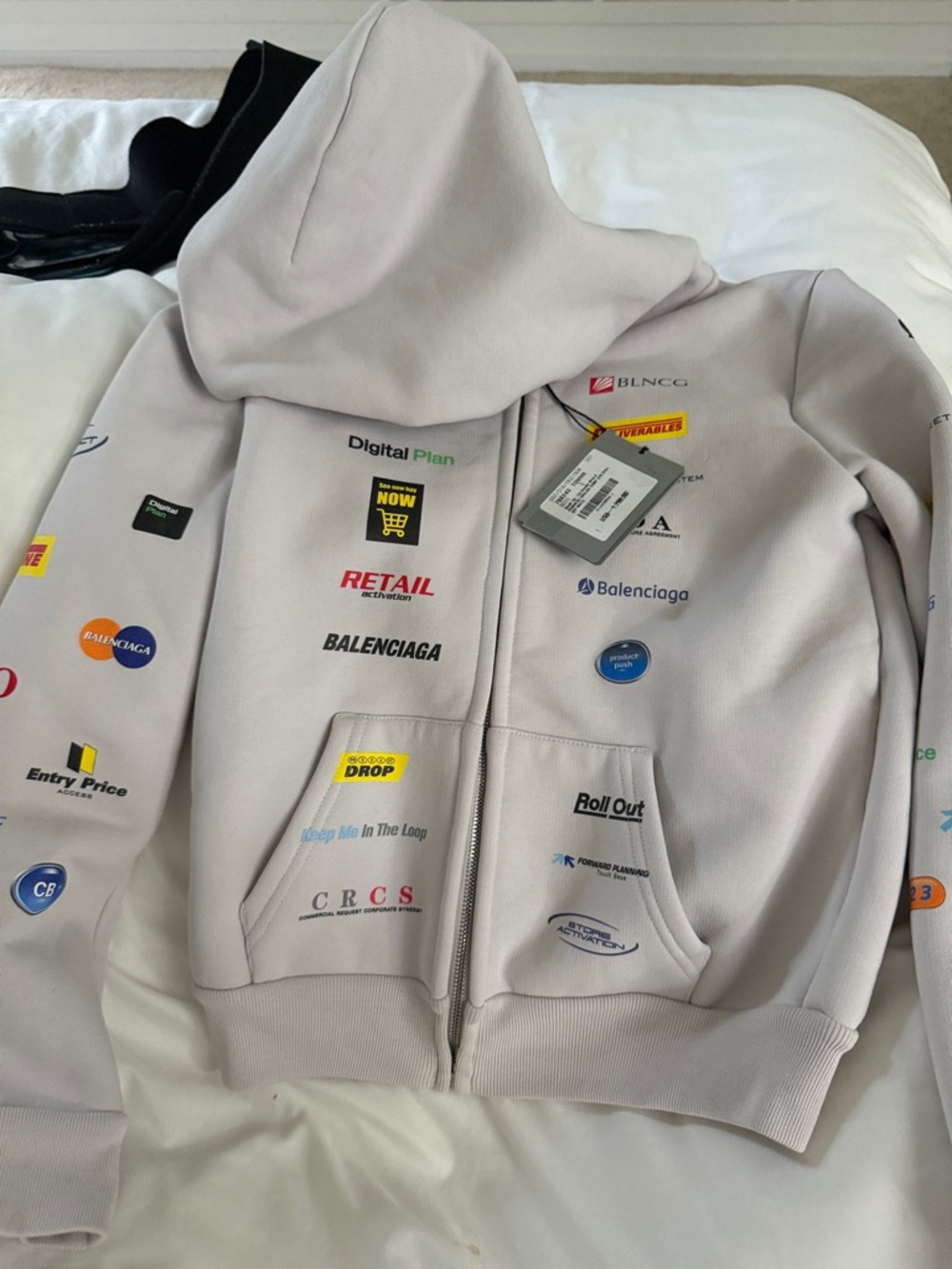 Balenciaga Unisex Light Gray Logo-Print Zip Hoodie with Multicolor Patches